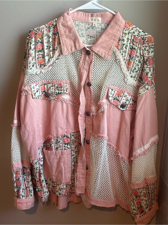POL Jackets & Blazers - POL Pink Floral Patchwork Mesh Jacket